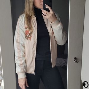 Cute Flower Embroidered Bomber Jacket Zip Up